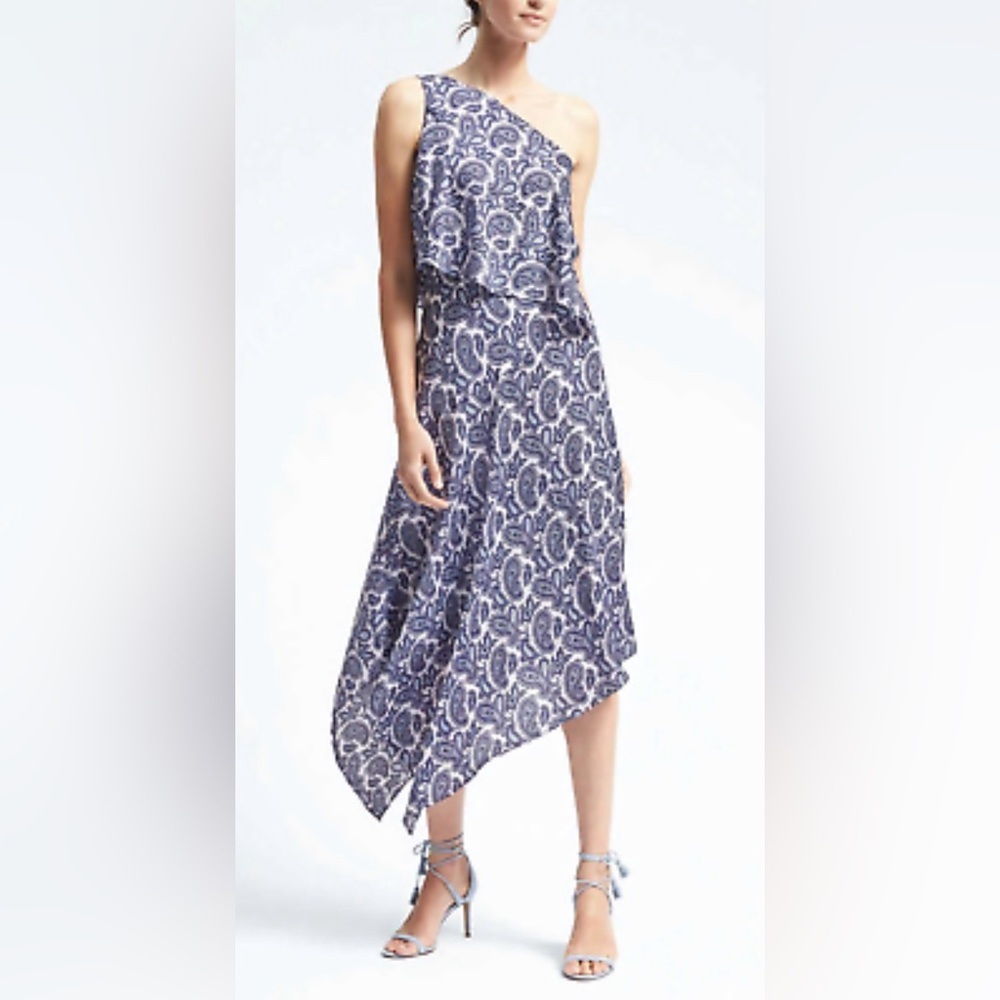Banana Republic One Shoulder Dress Paisley Print Blue White Sz 14 $158 Flowy NWT